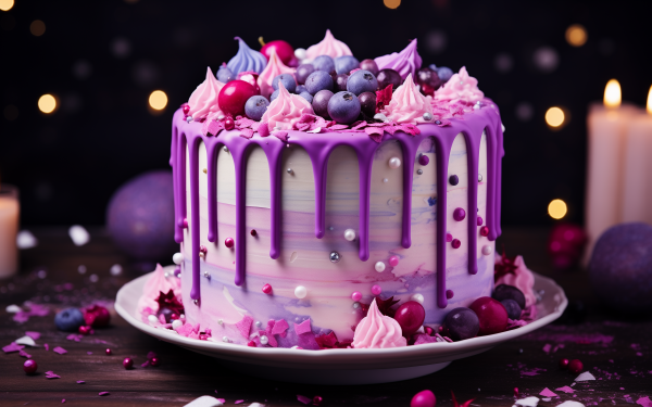 Elegant purple drip cake with berries and meringue decorations on a plate, perfect for a festive HD desktop wallpaper background.