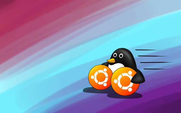 HD Ubuntu-themed desktop wallpaper featuring a cartoon penguin with Ubuntu logos on a vibrant abstract background.
