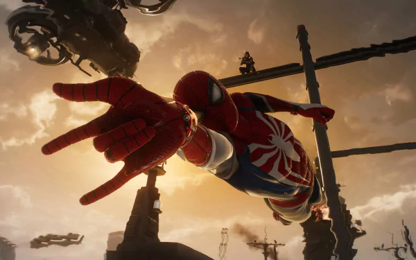High-definition desktop wallpaper of Spider-Man from Marvel's Spider-Man 2 game, swinging into action against a dramatic sunset sky.