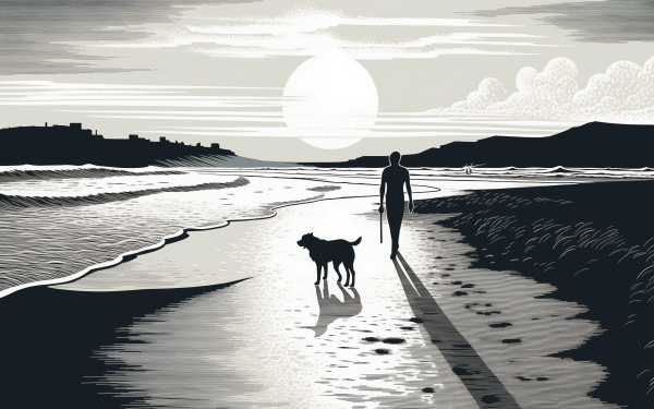 Silhouette of a person walking with a dog on the beach at sunset, with a serene ocean and setting sun in the background for an HD desktop wallpaper.