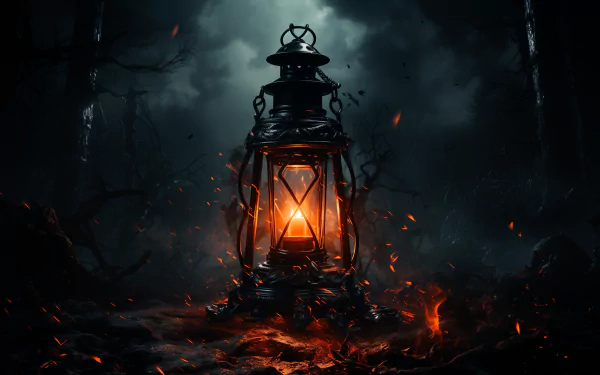 Glowing lantern providing light in a mystical dark forest, with sparks surrounding it, suitable as an atmospheric HD desktop wallpaper.