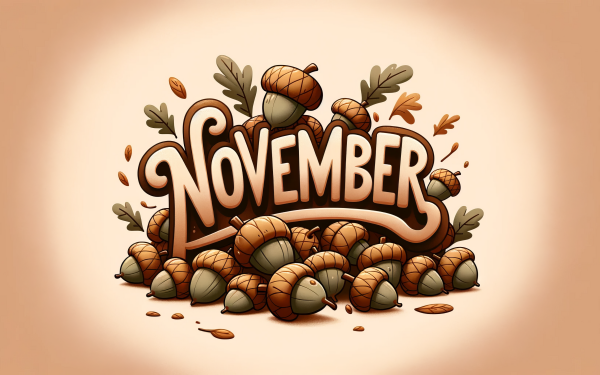 November-themed desktop wallpaper with stylized lettering surrounded by autumnal acorns and leaves on a warm, beige background.
