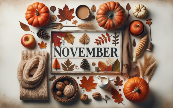 Cozy November themed desktop wallpaper with pumpkins, autumn leaves, nuts, and a warm sweater surrounding a sign with the word November.