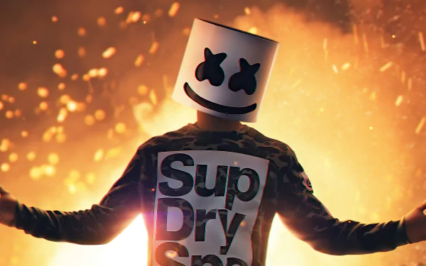 HD desktop wallpaper featuring a figure with the iconic Marshmello headgear, arms open, with a vibrant backdrop of sparkling lights.