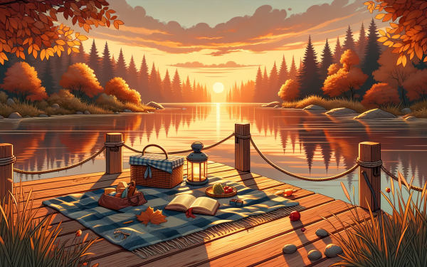 Idyllic sunset picnic scene at a tranquil lakeside with autumn trees reflecting on water for HD desktop wallpaper.