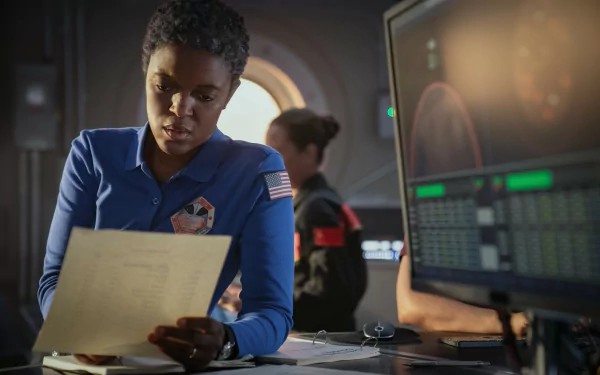 Female astronaut focused on reading a document in a spacecraft control room, with monitors showing data in the background - HD wallpaper from For All Mankind series.