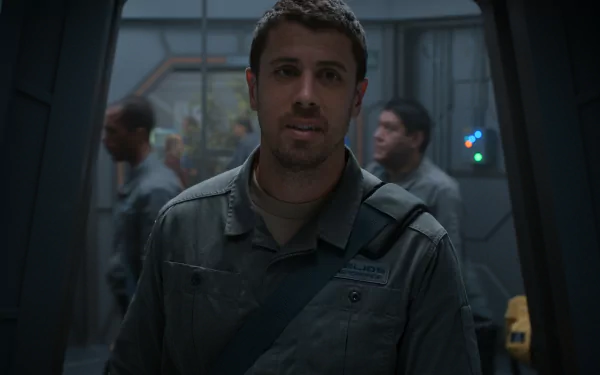 HD desktop wallpaper featuring a scene from the series For All Mankind with a male character in a space crew uniform standing inside a spacecraft.