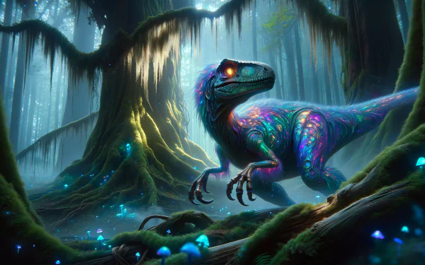 Colorful iridescent dinosaur in a mystical forest with glowing plants, HD wallpaper.