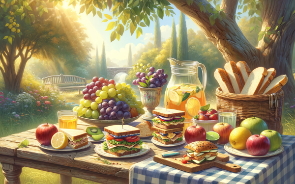 Idyllic summer picnic HD wallpaper featuring a spread of fresh fruits, sandwiches, and lemonade on a checkered tablecloth with a sunlit garden background.