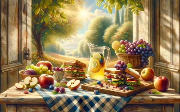 Sunlit rustic picnic scene wallpaper with fresh fruits, sandwiches, and a pitcher of lemonade on a checkered tablecloth against a countryside backdrop.