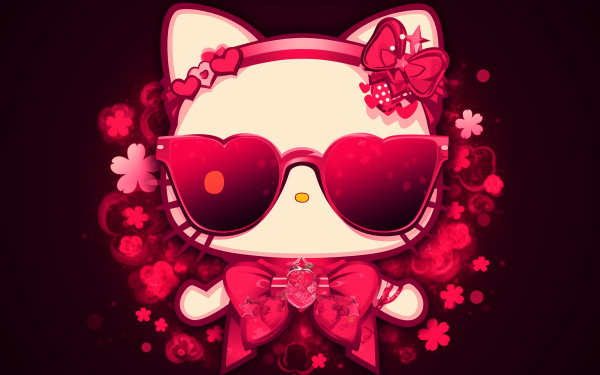 Stylish Hello Kitty with sunglasses on a red floral background, ideal for HD desktop wallpaper and backgrounds.