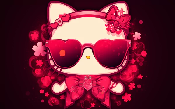 HD desktop wallpaper featuring a stylish Hello Kitty in sunglasses, adorned with bows and surrounded by pink flowers on a deep red background.