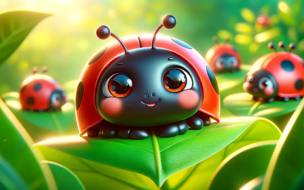 HD desktop wallpaper featuring a charming cartoon ladybug atop a vibrant green leaf, with a soft focus background of more ladybugs.