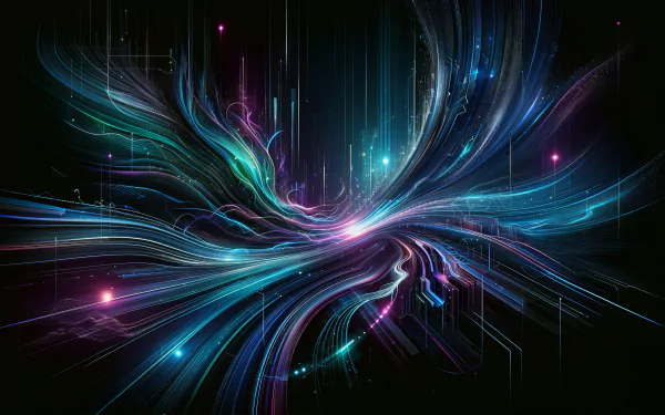 Abstract HD wallpaper of dynamic light streaks with a cosmic neon glow, perfect for desktop backgrounds.