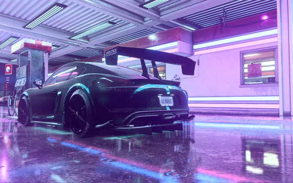 HD PC desktop wallpaper featuring a sleek, black sports car from the Need for Speed Heat game, showcasing vibrant neon lighting in a futuristic garage setting.