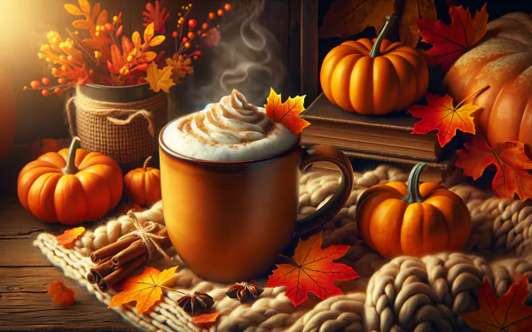 Cozy autumn desktop wallpaper with a steaming mug of hot beverage surrounded by pumpkins, fall leaves, and cinnamon sticks on a rustic wooden table.