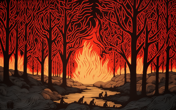 Stylized HD wallpaper of a dramatic bonfire in a forest at dusk, ideal for desktop backgrounds with fiery, mystical themes.