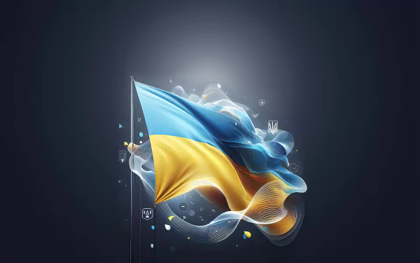 Ukraine flag waves amid glowing particles and flowing ribbons on a dark backdrop — 8K Ultra HD PC desktop wallpaper and background.