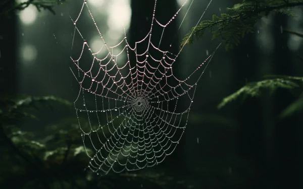HD wallpaper of a dew-laden spider web glistening in a tranquil forest setting, perfect as a serene desktop background.
