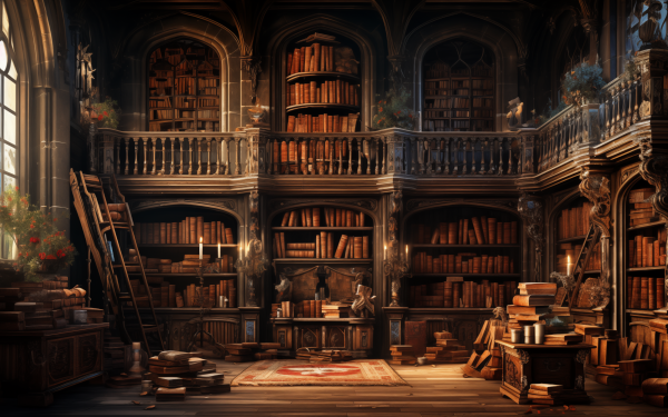 HD wallpaper of a cozy library interior with bookshelves and a ladder, ideal for desktop background.