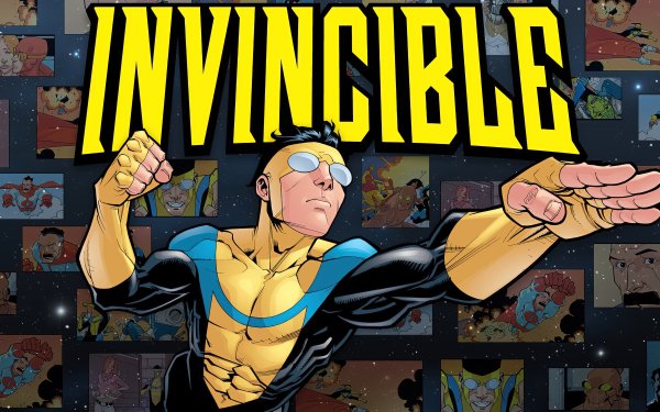 HD desktop wallpaper featuring Mark Grayson as Invincible from Image Comics, posing heroically with the title INVINCIBLE displayed prominently above him.