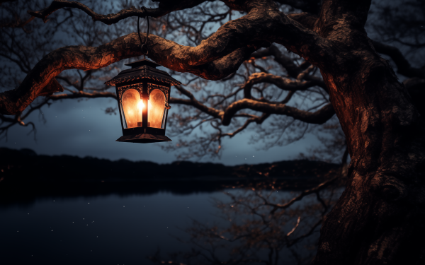 A glowing lantern hanging from a tree branch at twilight over a calm lake, perfect as HD desktop wallpaper and background.