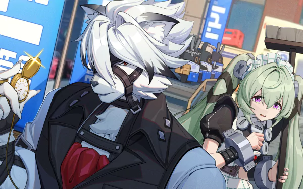 4K Ultra HD desktop wallpaper featuring Von Lycaon and Corin Wickes from the video game Zenless Zone Zero in a dynamic urban setting.