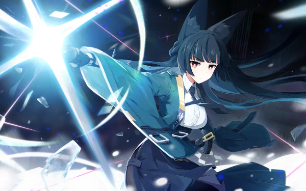 Miyabi from Zenless Zone Zero in dynamic action pose, captured in a detailed 4K Ultra HD video game desktop wallpaper background.