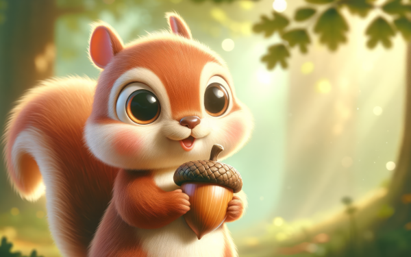 Cute animated squirrel holding an acorn with a sunlight-dappled forest background, HD desktop wallpaper.