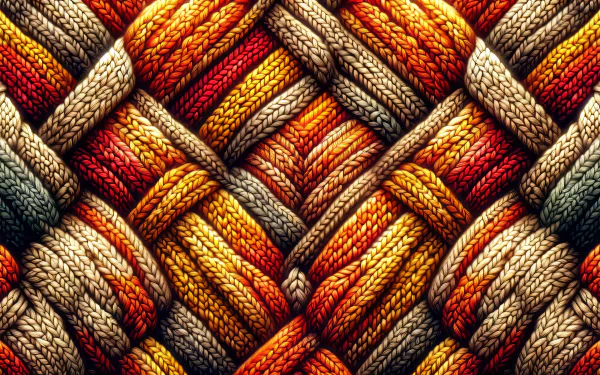 HD desktop wallpaper featuring a detailed and vibrant knit pattern with interwoven strands in rich, warm colors.