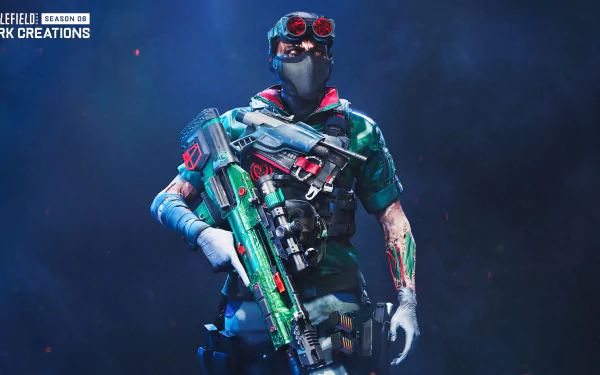 HD desktop wallpaper of a character from Battlefield 2042 video game, featuring a soldier in tactical gear with a customized rifle, set against a smoky blue background.