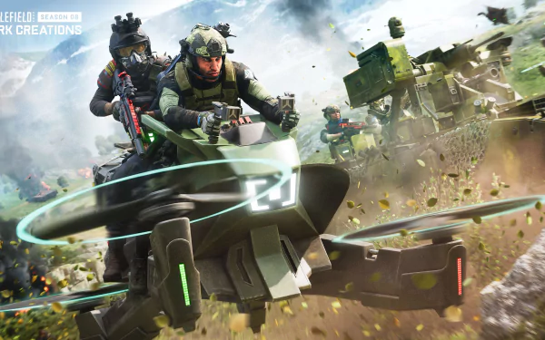 HD desktop wallpaper from Battlefield 2042, featuring dynamic in-game action with soldiers and futuristic vehicles in combat.