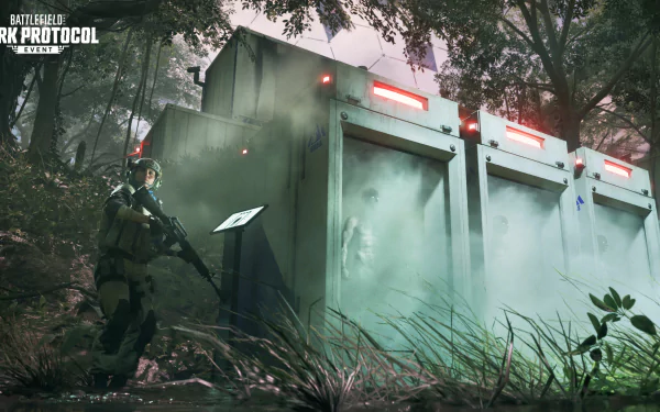 HD wallpaper of Battlefield 2042 depicting a soldier advancing towards a smoke-emitting armored container in a forest setting.
