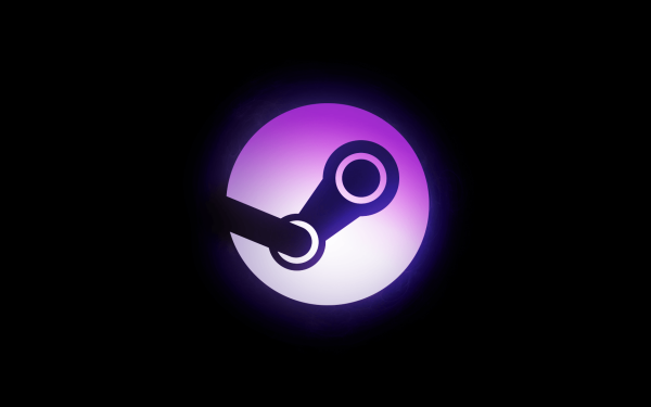 HD desktop wallpaper featuring the Steam platform logo with a purple and black gradient background.