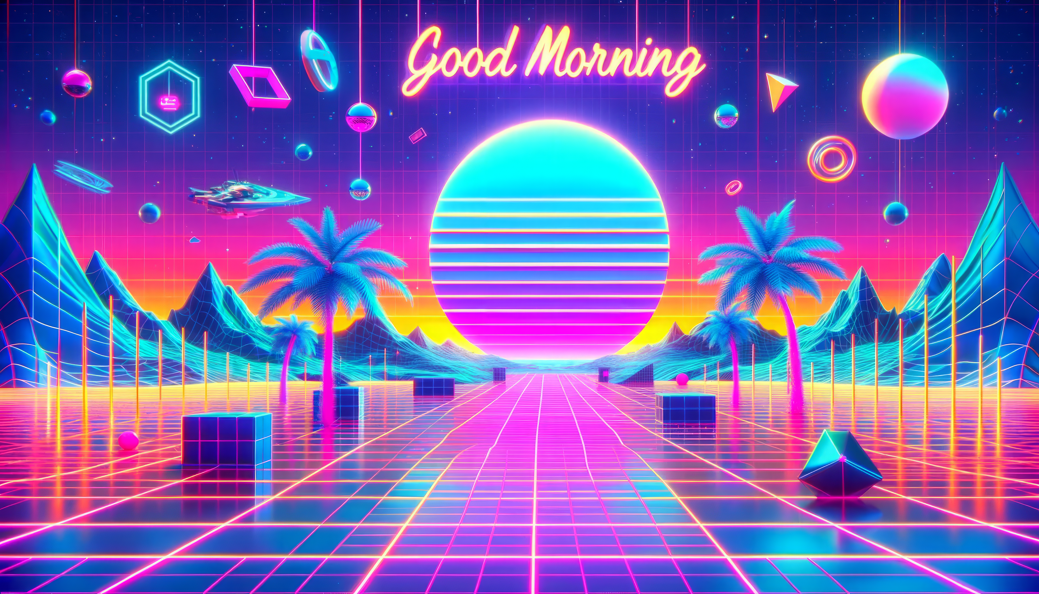 Vibrant retro-futuristic Good Morning wallpaper with a neon sunrise, palm trees, and geometric shapes. Perfect for a HD desktop background with a nostalgic 80s vibe.