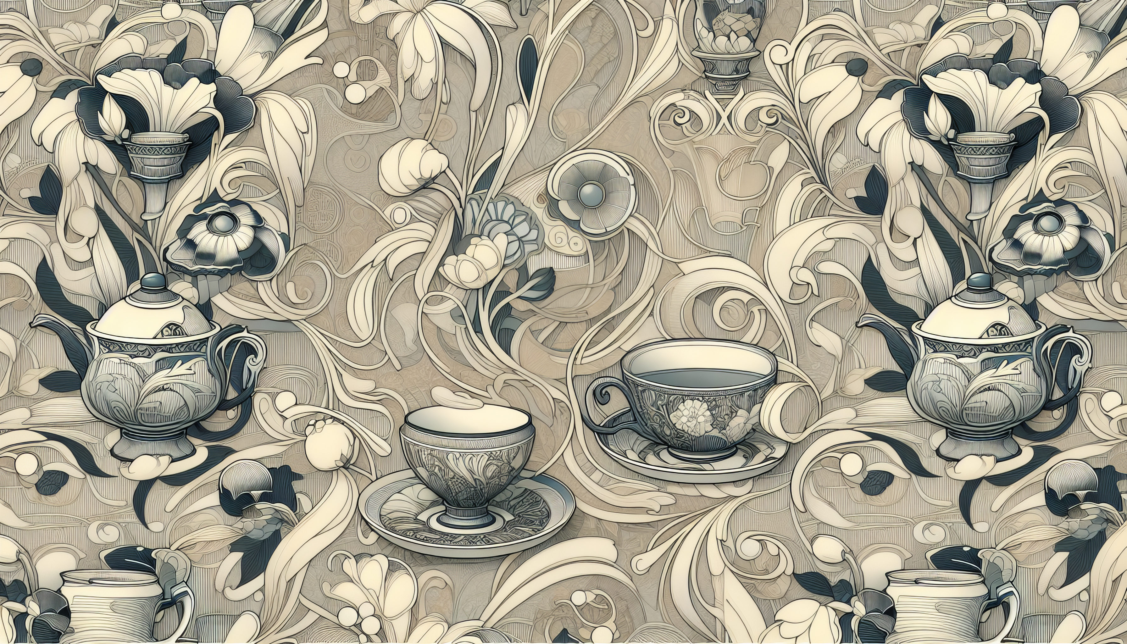 Elegant vintage tea cup and teapot wallpaper in a sepia-toned floral design for HD desktop background.