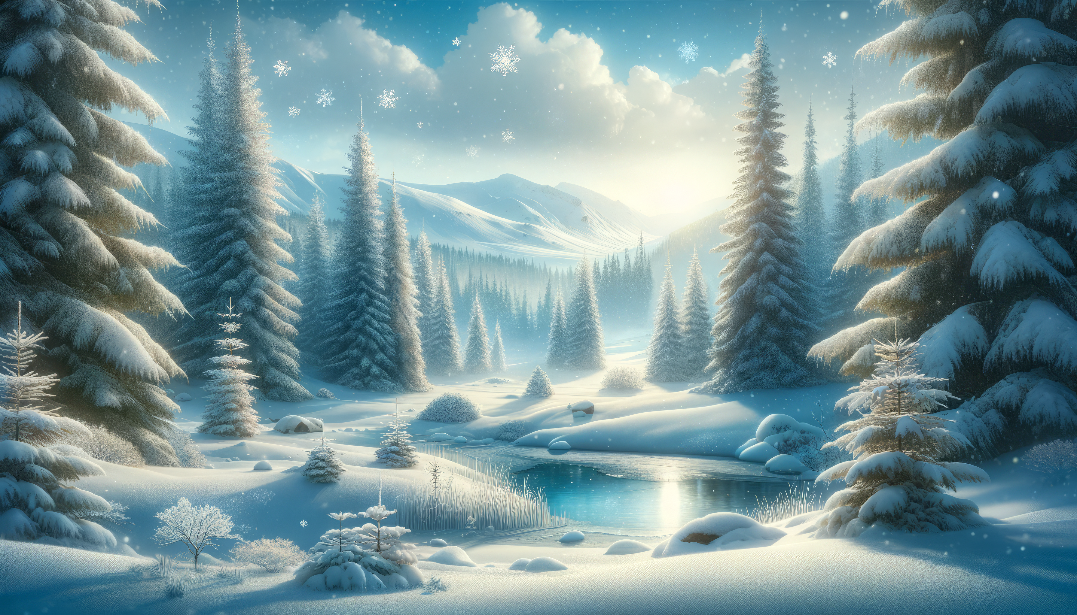 HD Winter Scene Desktop Wallpaper featuring a serene snowy landscape with pine trees and a small pond under a starry sky.