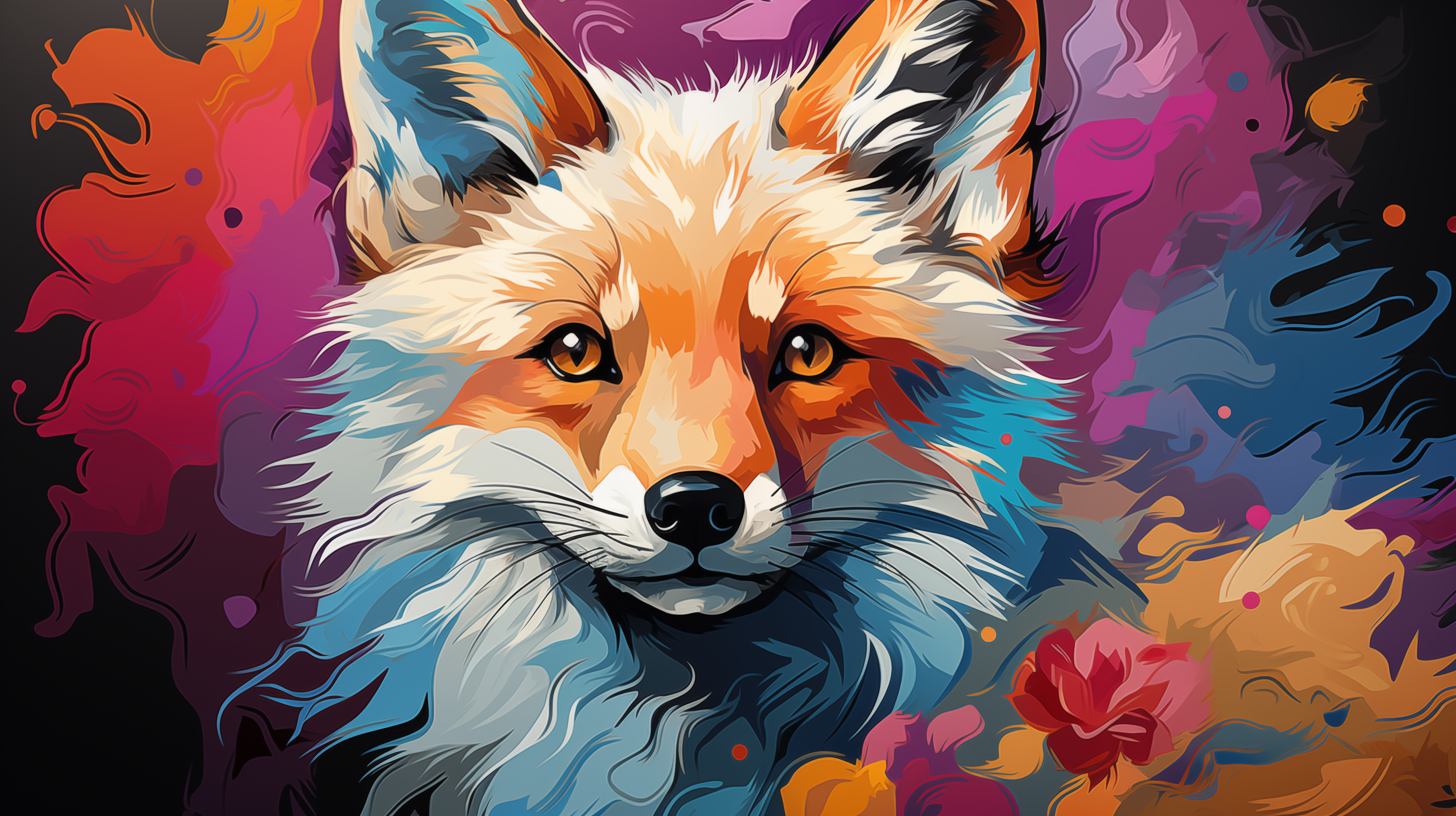 Alt-text: Colorful HD desktop wallpaper featuring an artistic rendition of a fox with vibrant abstract background.
