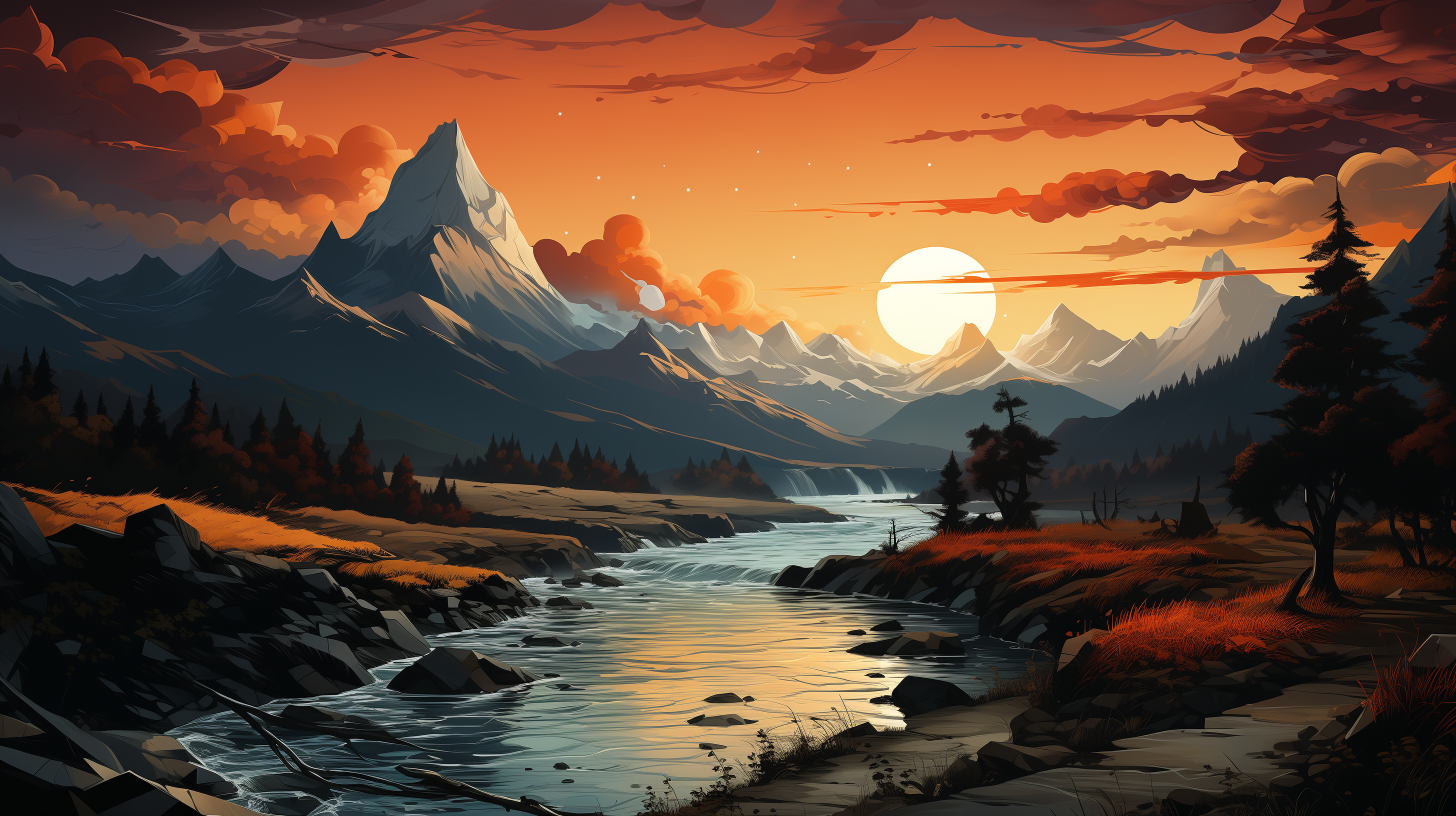 HD wallpaper of a vibrant sunset over a mountainous landscape with a river flowing through it.