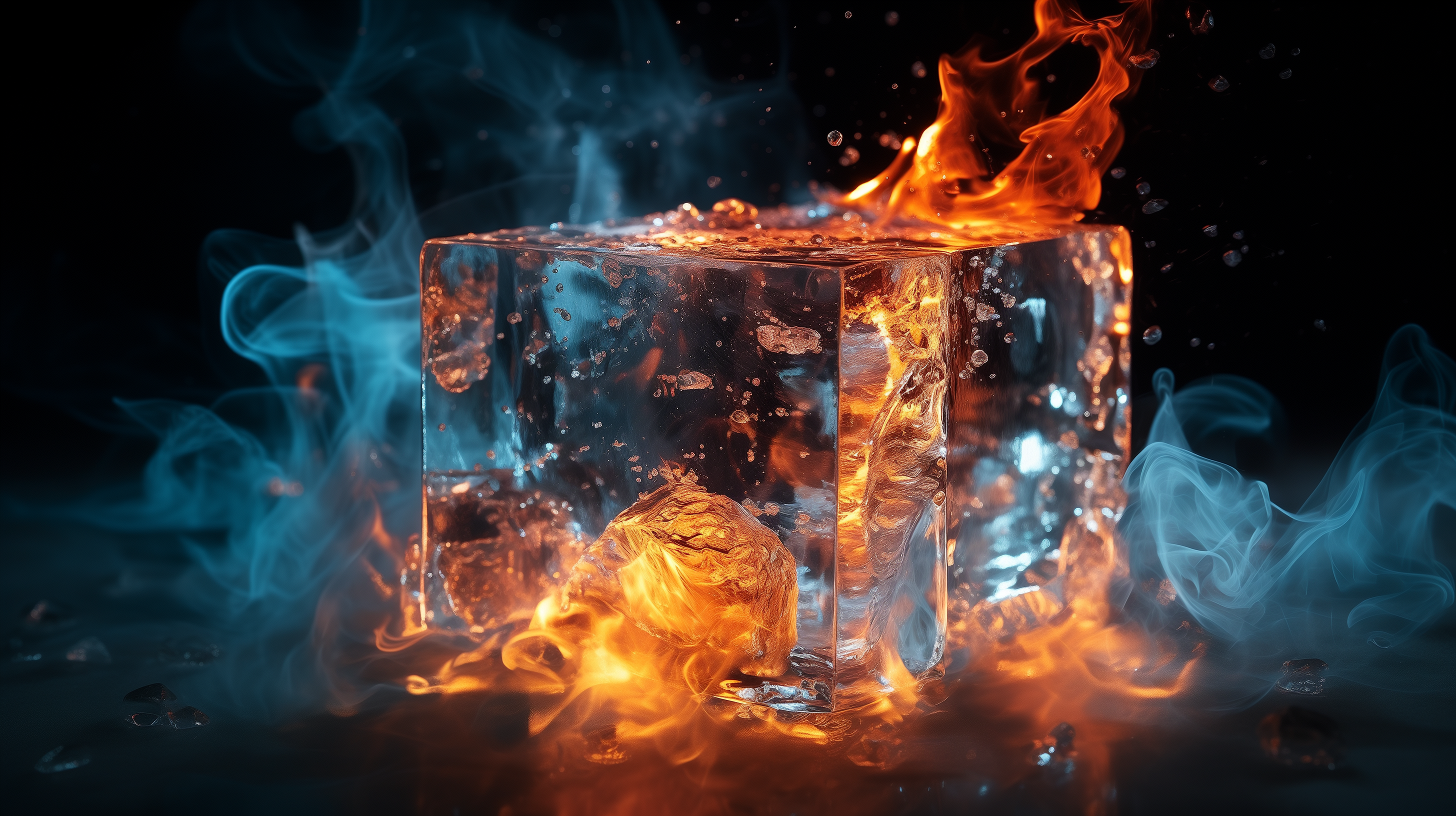 HD Wallpaper of Ice Cube Engulfed in Flames with Blue Smoke on Black Background.