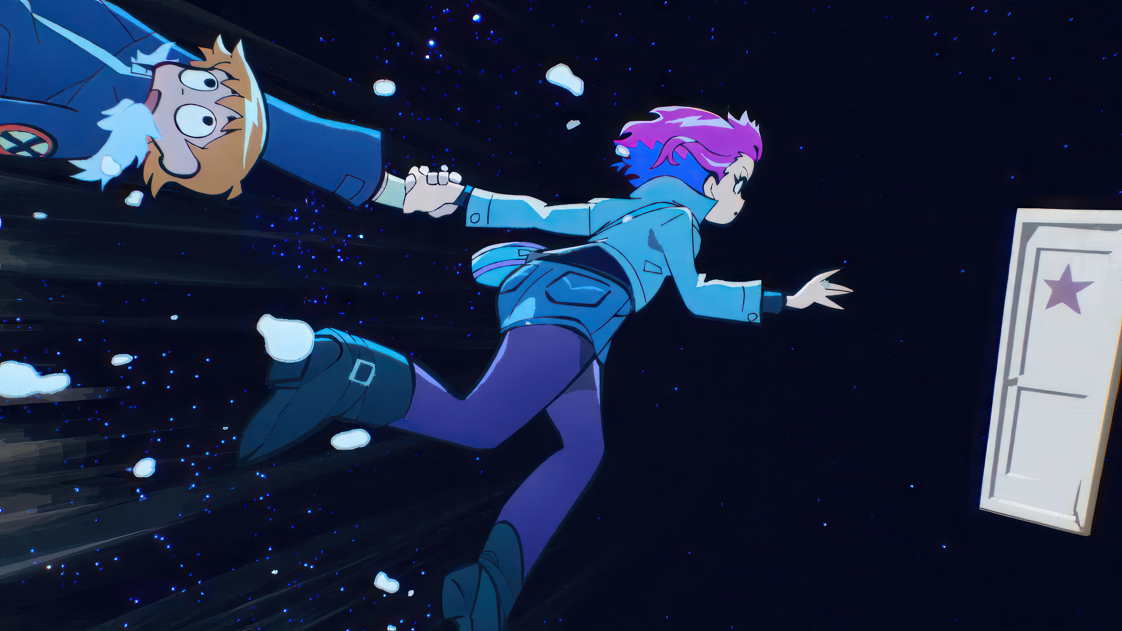HD wallpaper featuring animated characters Scott Pilgrim and Ramona Flowers in a dynamic pose against a starry backdrop, perfect for Scott Pilgrim fans' desktop backgrounds. #ScottPilgrimTakesOff #RamonaFlowers #DesktopWallpaper