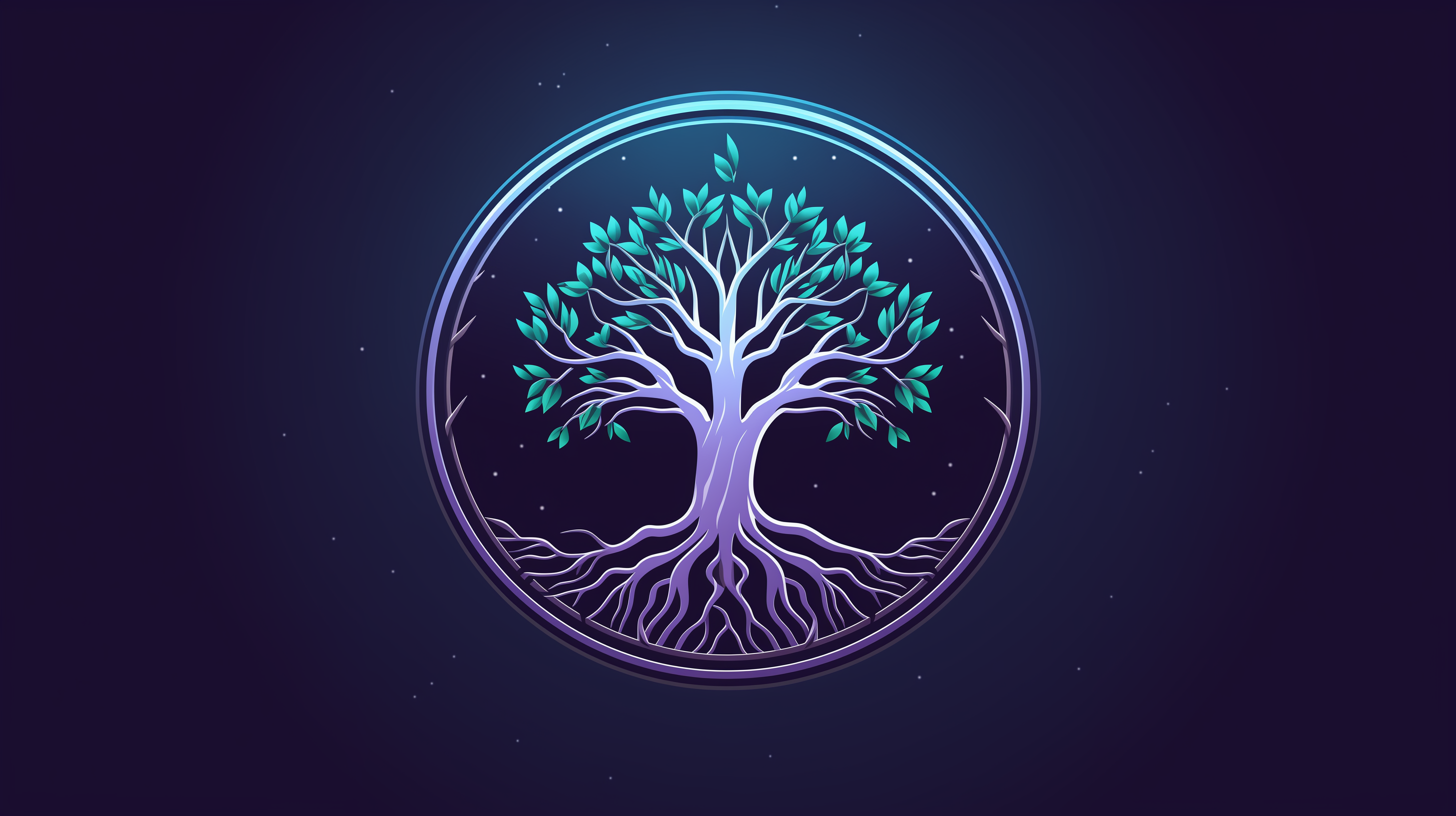 HD Wallpaper of a stylized Yggdrasil tree logo with vibrant green leaves and a circular frame against a starry night background.