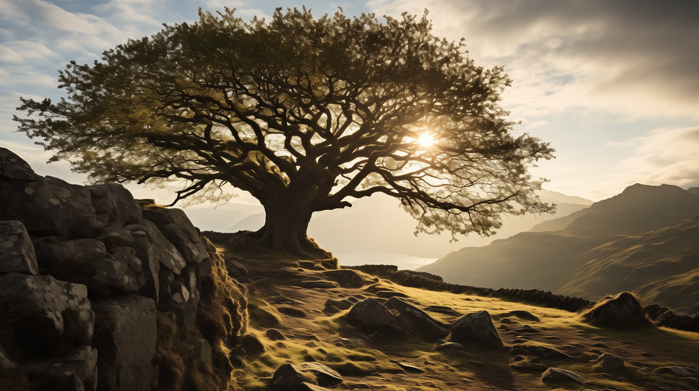 Majestic tree symbolizing Yggdrasil with golden sunset light in a serene HD landscape, ideal for desktop wallpaper and background.