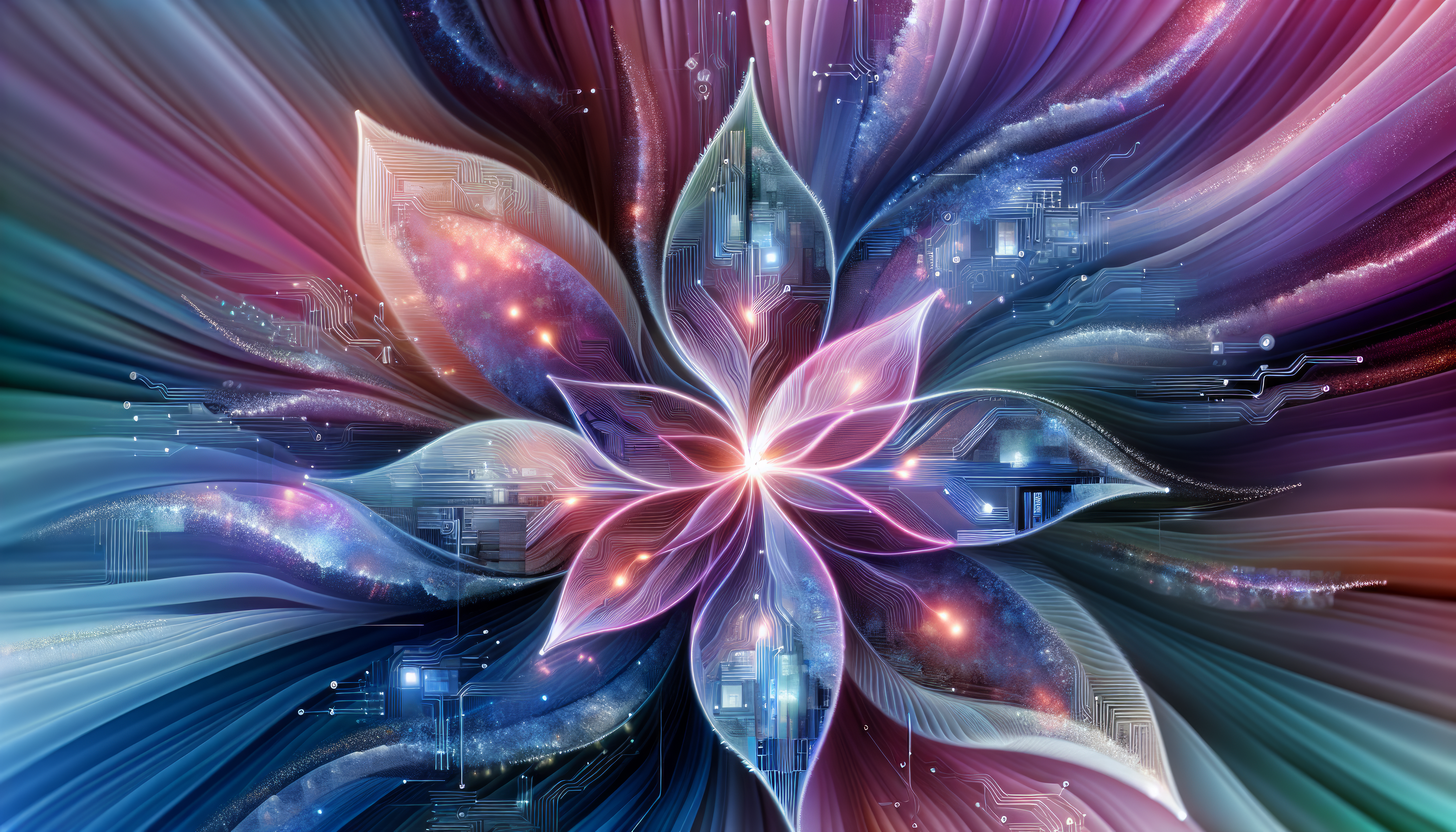 HD desktop wallpaper featuring an abstract flower with vibrant petals in a mesmerizing cosmic design, perfect for a background.