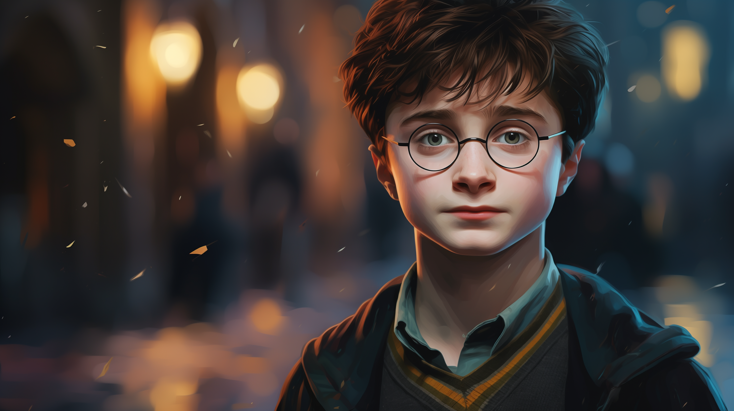 High-definition desktop wallpaper featuring an artistic representation of a young wizard character with glasses from the Harry Potter series, set against a blurred magical alley backdrop.