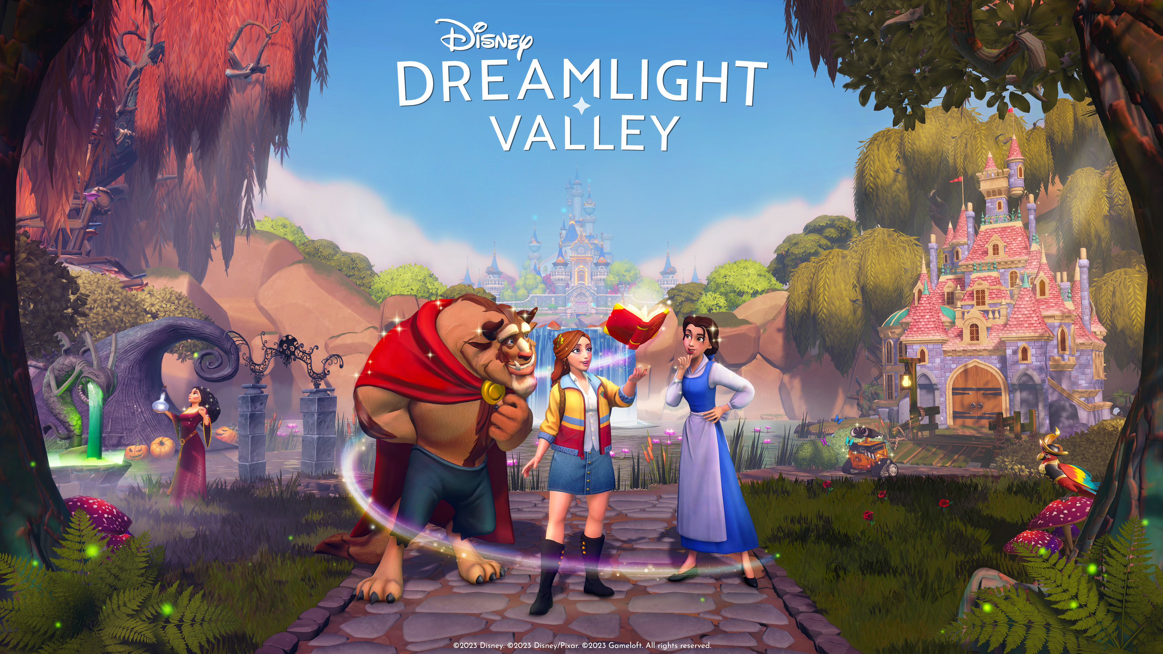 HD Disney Dreamlight Valley desktop wallpaper featuring animated characters on a magical path with a fairytale castle background.
