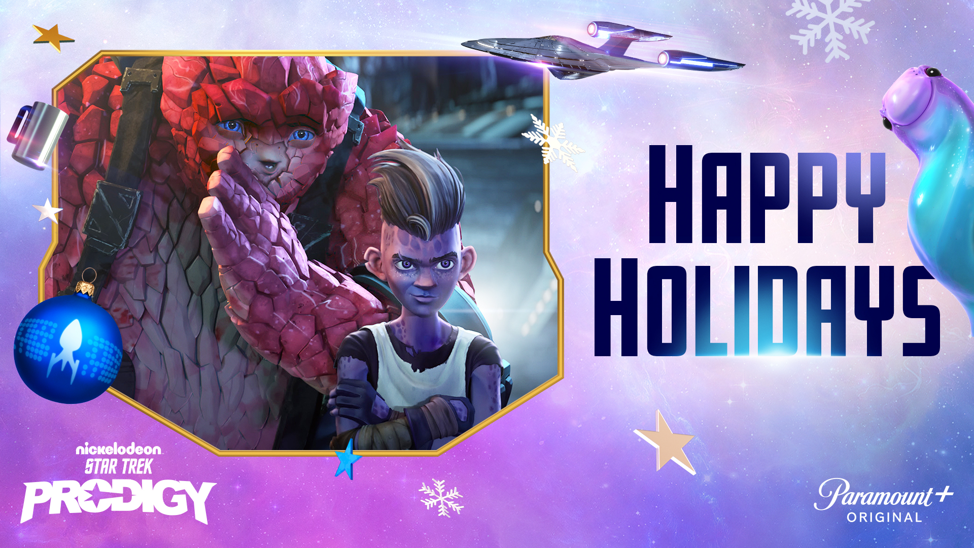 Star Trek: Prodigy Happy Holidays themed HD desktop wallpaper featuring animated characters from the TV show, with festive decorations and a space motif.