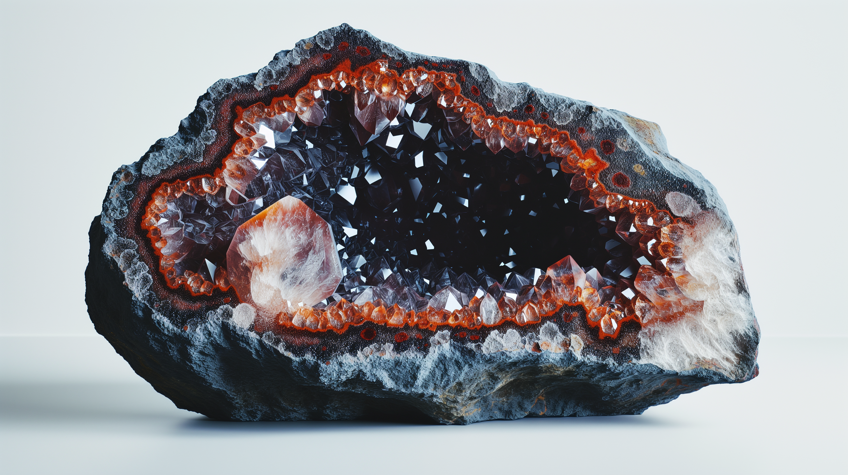 HD wallpaper of a stunning geode with vibrant orange crystals and deep black center, perfect for desktop background.