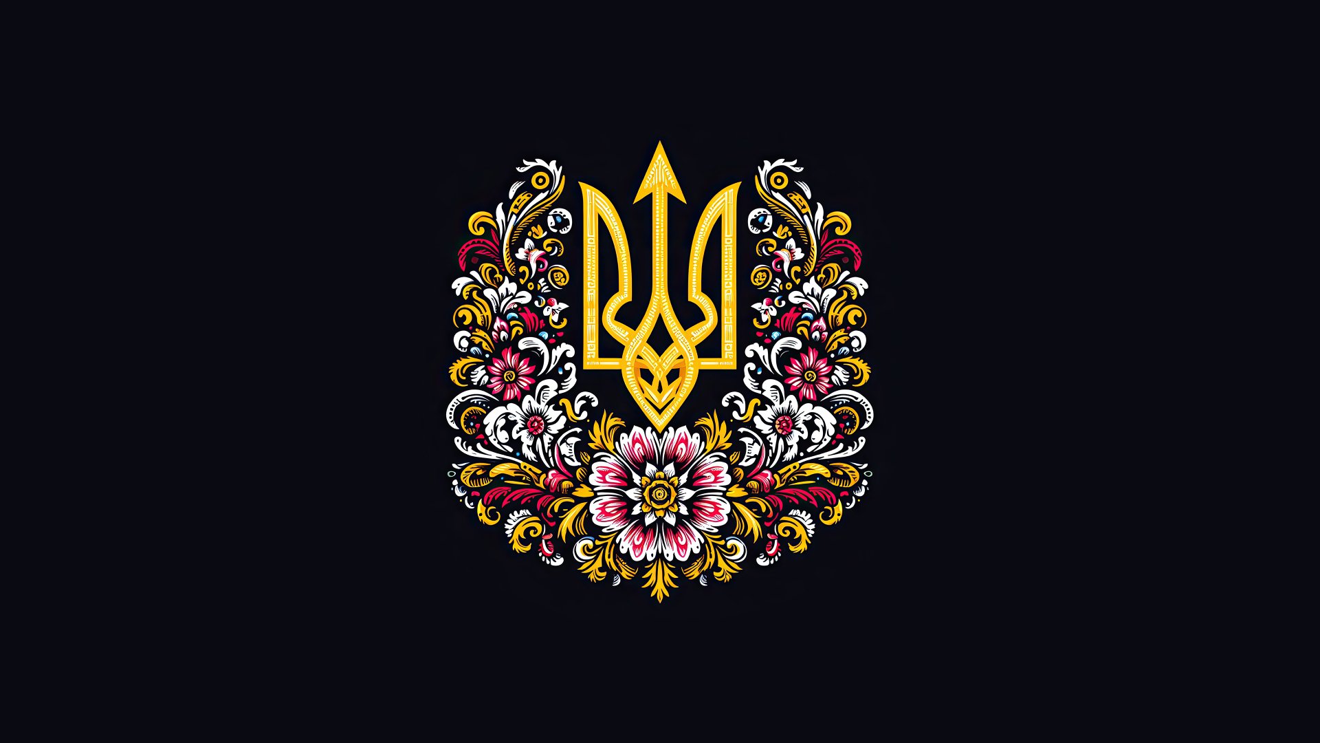 A vibrant 4K Ultra HD wallpaper featuring the Ukrainian trident symbol, adorned with colorful floral patterns against a dark background.