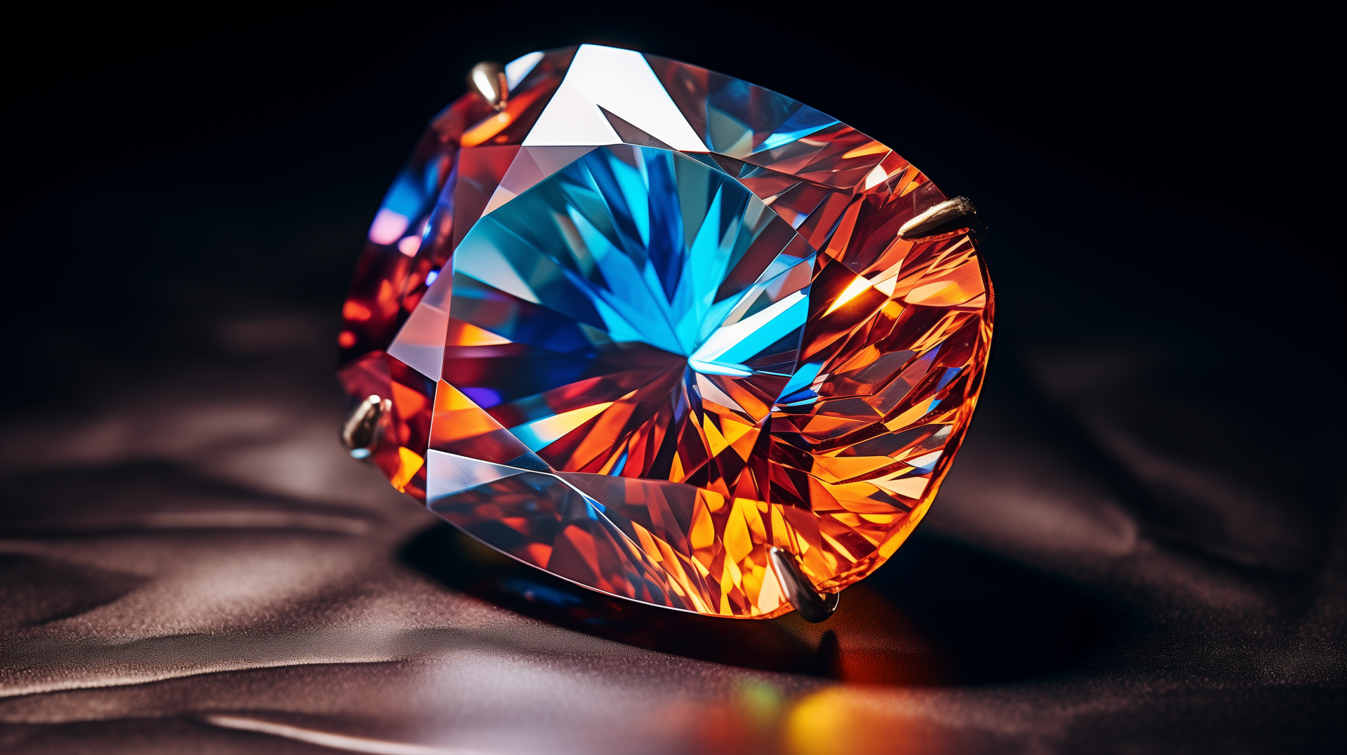 A stunning close-up of a vibrant topaz gemstone, showcasing brilliant orange and blue hues, set against a dark, textured background, creating an elegant nature-inspired HD wallpaper.